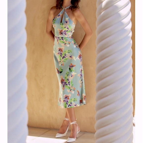 ASTR Sandrine Floral Halter Dress in Sage Orange Floral - Picture 2 of 16